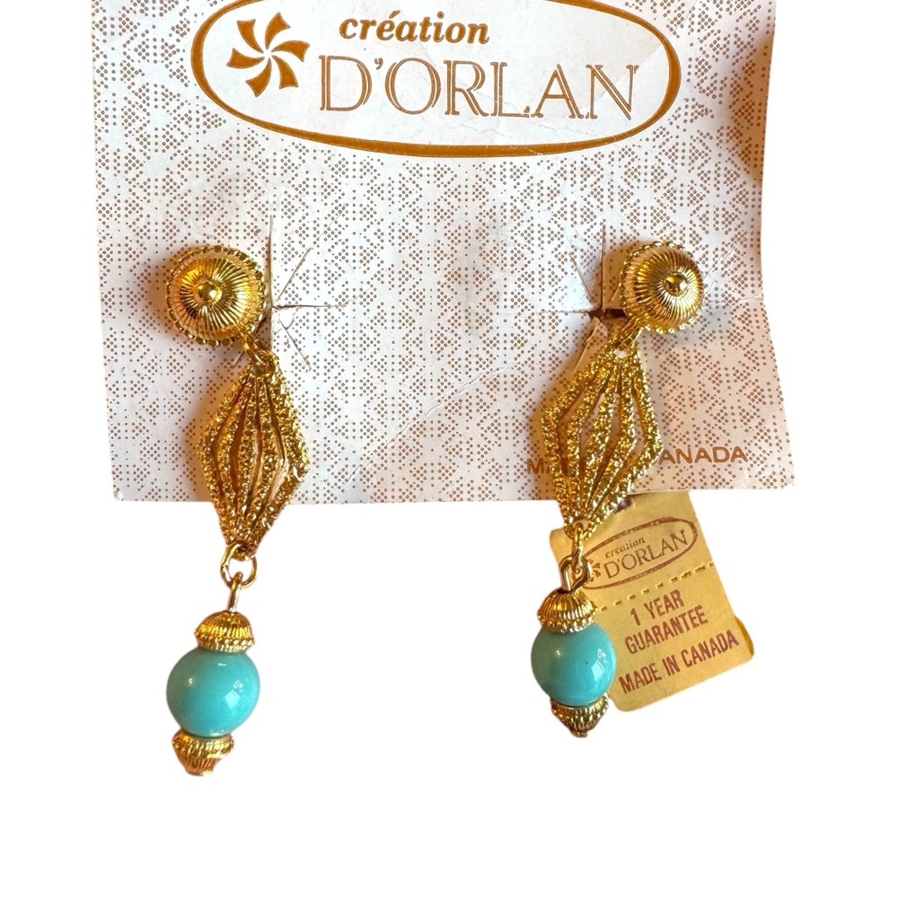 Vintage D Orlan Gold plt Turquoise glass dangle clip on Earrings